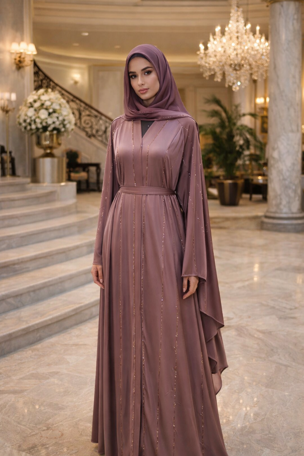 Abaya rose poudré foncé élégante avec voile inclus - Coupe fluide & finitions brillantes