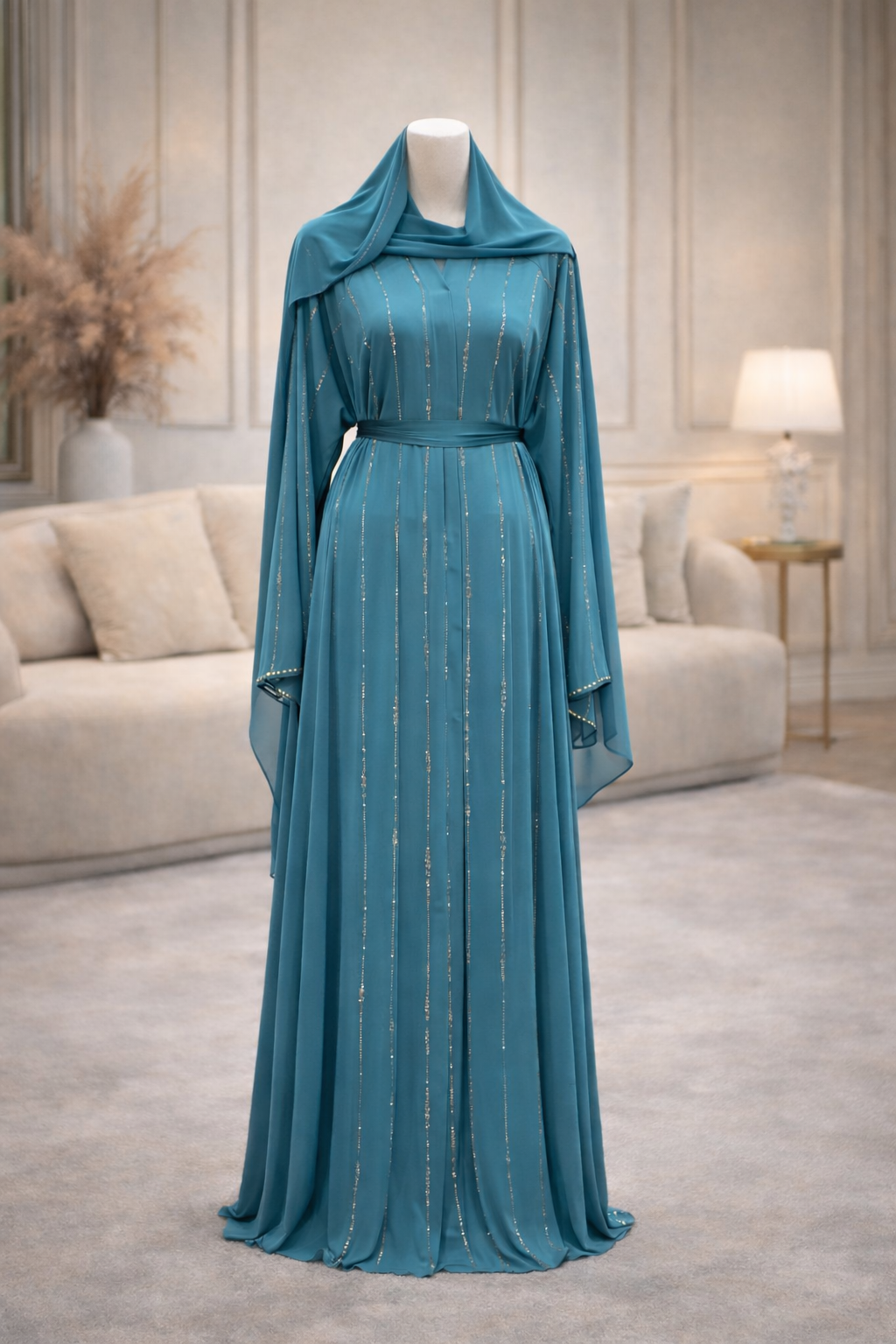 Abaya bleu pétrole élégante avec voile inclus - Coupe fluide & finitions brillantes