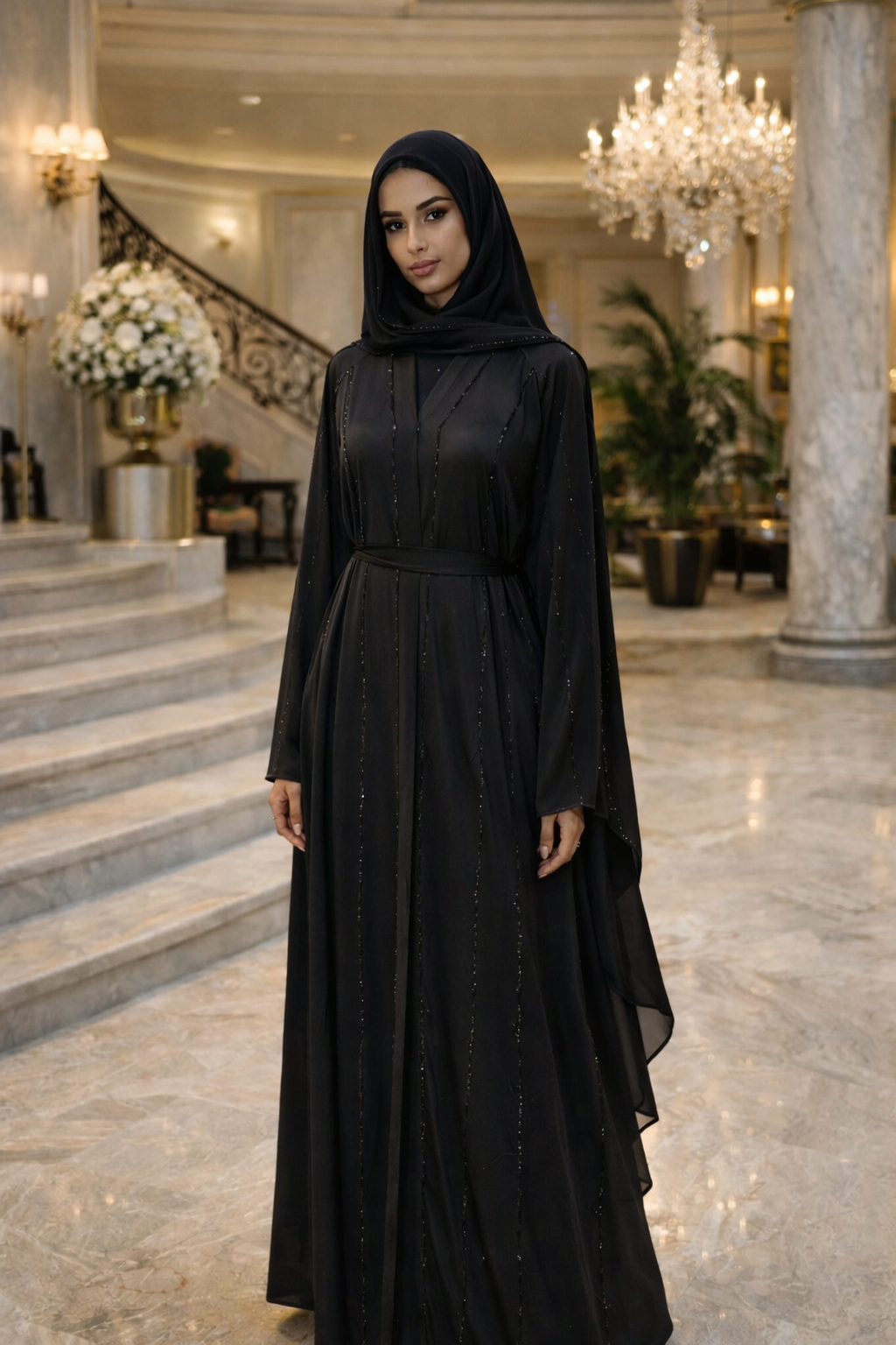 Abaya noire élégante avec voile inclus - Coupe fluide & finitions brillantes