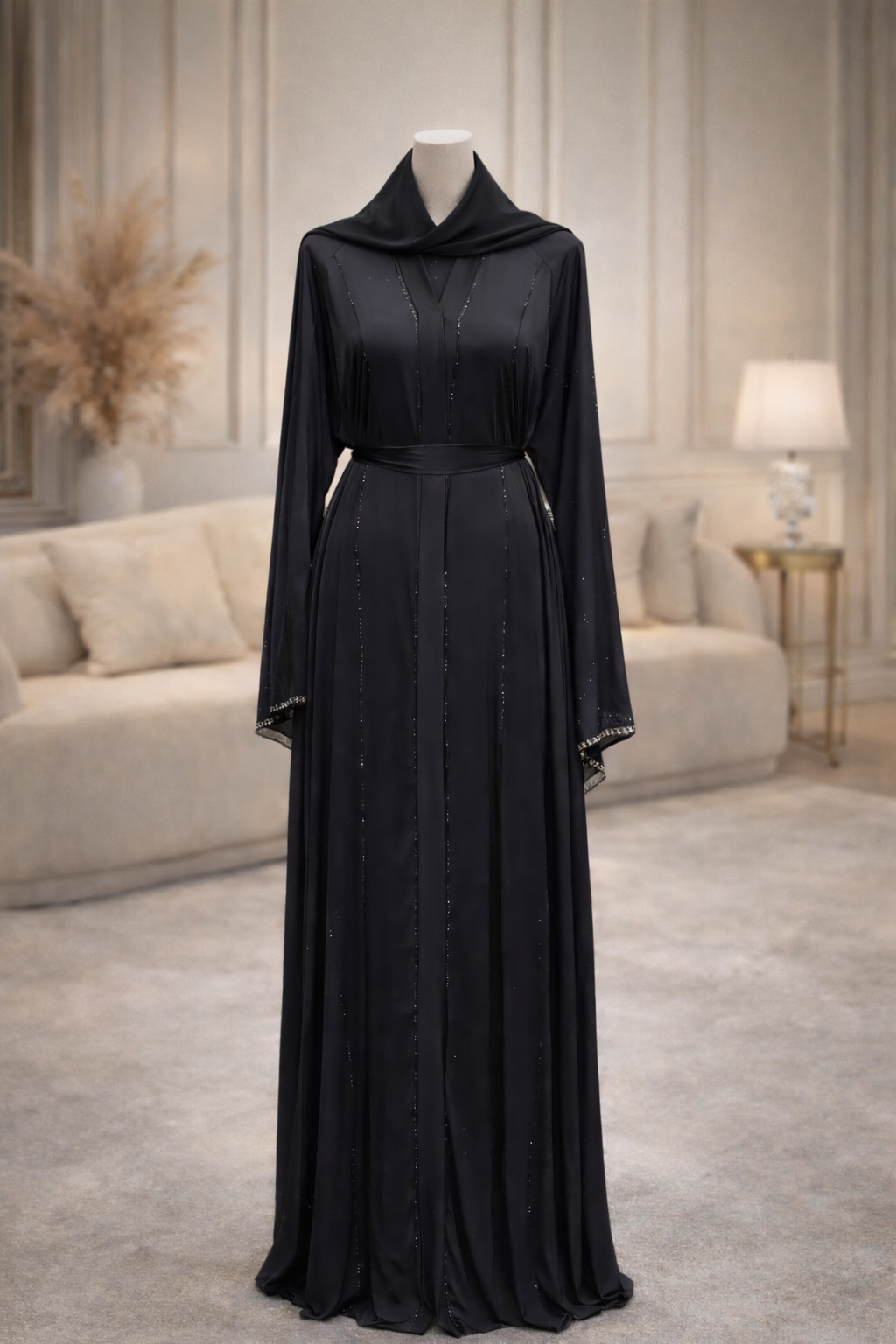 Abaya noire élégante avec voile inclus - Coupe fluide & finitions brillantes