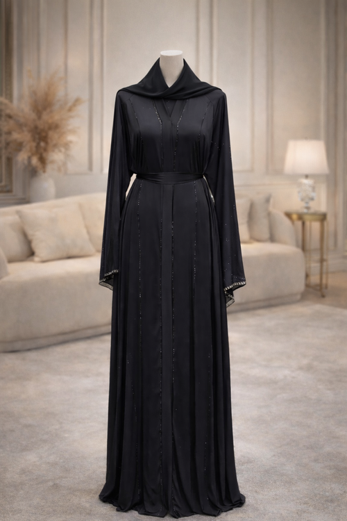 Abaya noire élégante avec voile inclus - Coupe fluide & finitions brillantes