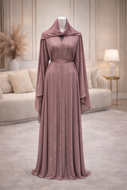 Abaya rose poudré foncé élégante avec voile inclus - Coupe fluide & finitions brillantes